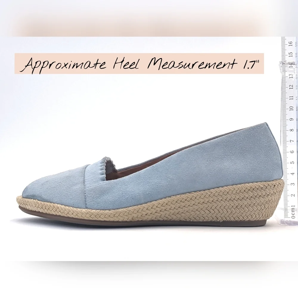 Gentle Souls Lissa Ruffle Sz 7.5 Light Blue Suede Peep-Toe Espadrille Wedges